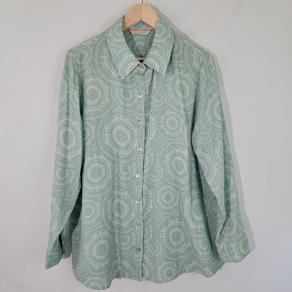 NEW Soft Surroundings Blue Floral 100% Cotton Button Front Longsleeve Top Sz XL